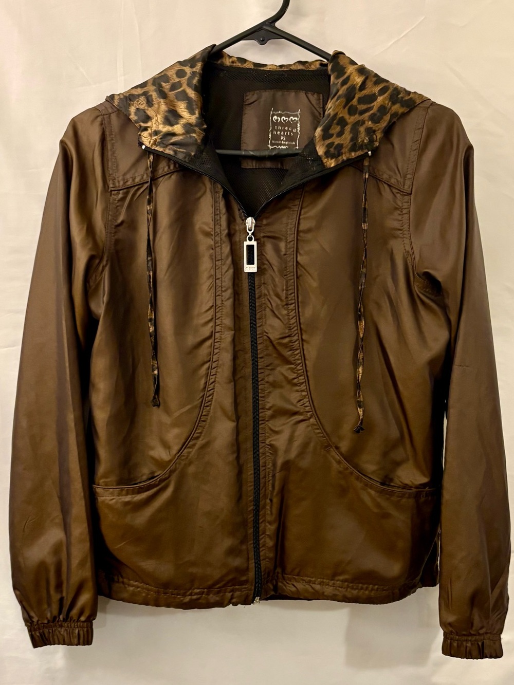 Three Hearts Brown Bomber Jacket with Leopard-Trim Hood